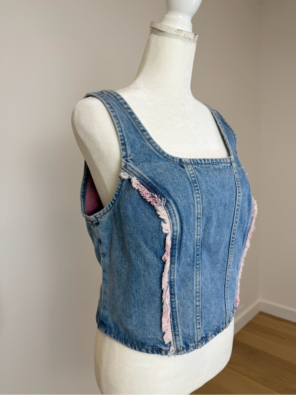 Lee Blue Denim Corset Crop Top with Pink Fringe Accents